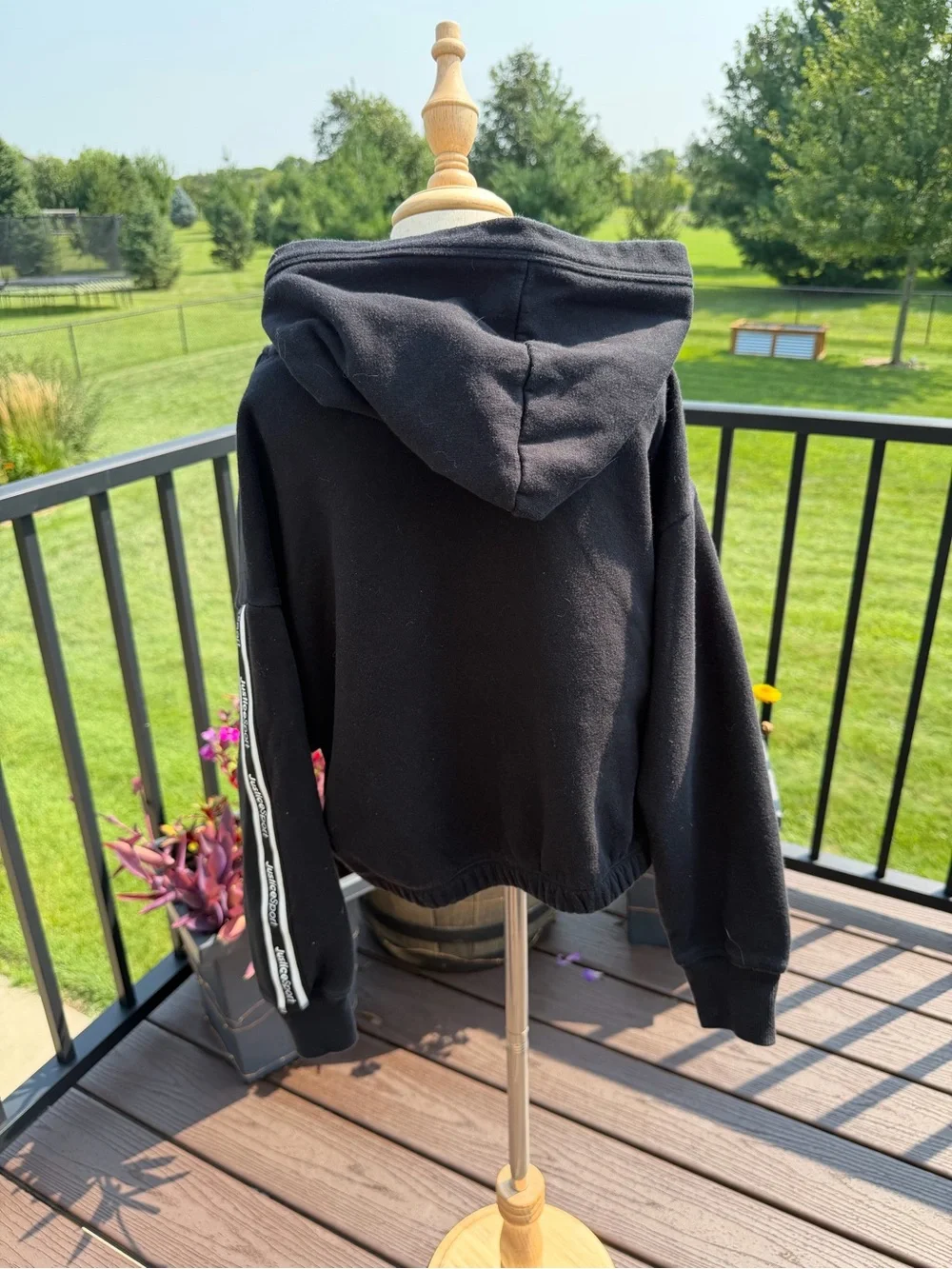 Justice Girls Black Hoodie Size 10 Medium Sport Logo Stripe Sweatshirt
